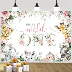 Wild Theme Party Background Banner, She's a Wild One Floral Jungle Animal Birthday Backdrop, Polyester Material, Perfect for Birthdays, Party Decoration Supplies