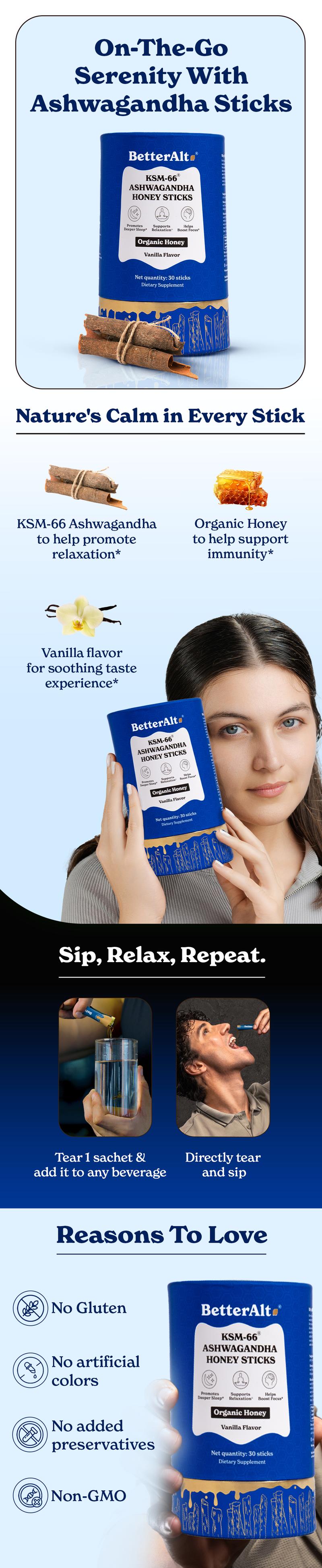 BetterAlt KSM-66 Ashwagandha Honey Sticks | Organic Multiflora Himalayan Honey | For Relaxation, Focus | 1 Month Pack Dietary Supplement BetterAlt KSM-66 Ashwagandha Honey Sticks | Organic Multiflora Himalayan Honey | For Relaxation, Focus | 1 Month Pack Dietary Supplement