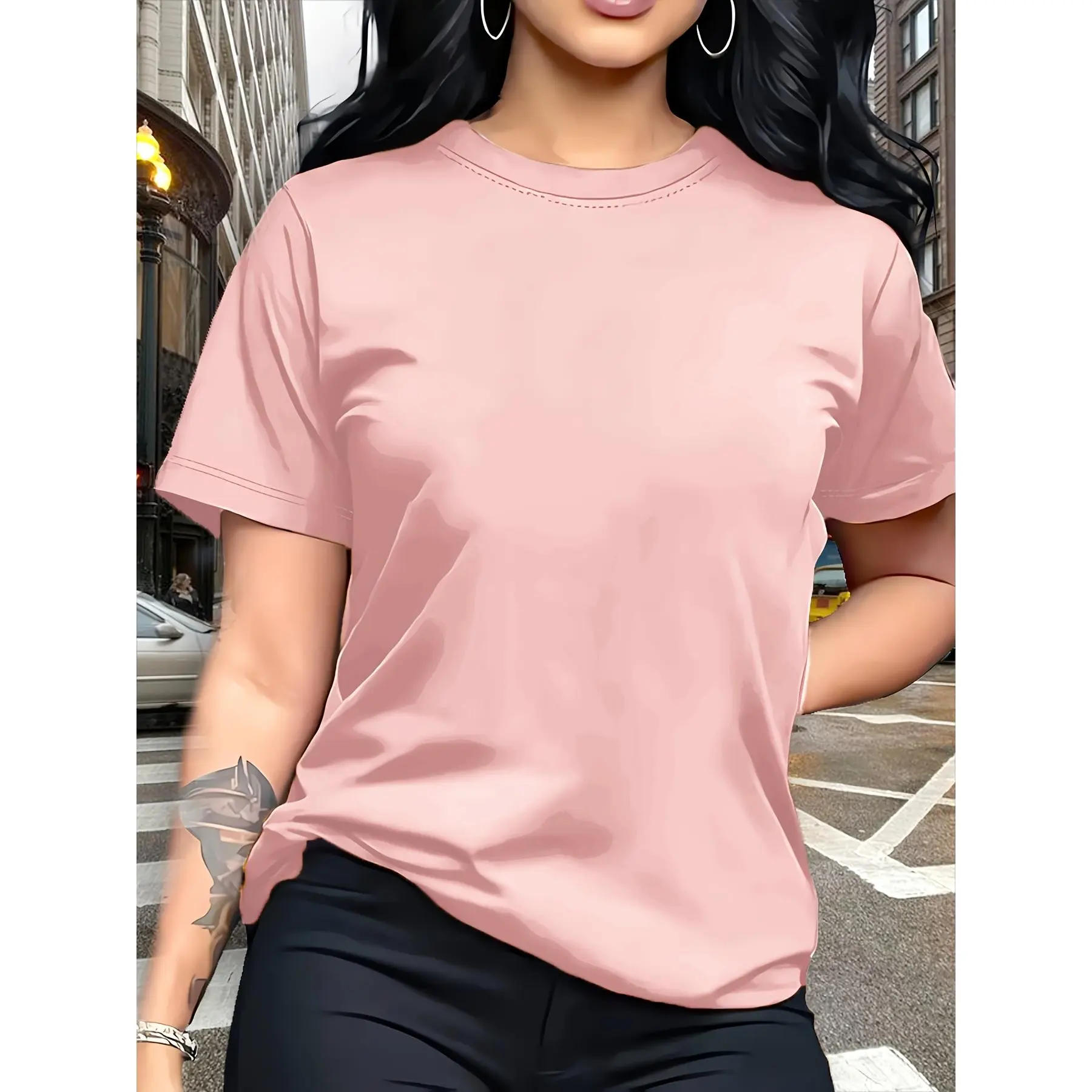 Women's 100% Cotton Short Sleeve Basic Solid T-Shirt - Smooth Fabric, Printed, Perfect Fit, Blush Pink/Brown, 10 Colors, Versatile Casual Daily Wear Layering Top for Lady