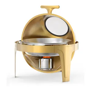 Elegant Gold Stainless Steel Round Roll-Top Chafing Dish Buffet Set with Glass Window – Durable Commercial Food Warmer & Server – Ideal for Catering, Parties, Weddings, Banquets, Graduations – 6.3 Quart Capacity