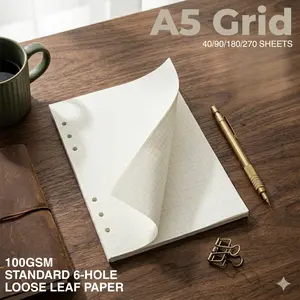 A5 Grid Paper Refills (40/90/180/270 Sheets) 100gsm Premium Thick Journal Paper 6 Ring Binder Inserts (21x14.2cm) Acid Free Grid Filler Paper for Planner Notebook School Office Supplies (1/2/4/6 Packs) No-Bleed Eye-Care Ivory