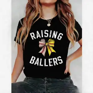 Raising Ballers Baseball Softball Bow T-Shirt | Cute Game Day Mom Tee | Coquette Sports Mom Outfit   Trendy Sports Mom Life Outfit