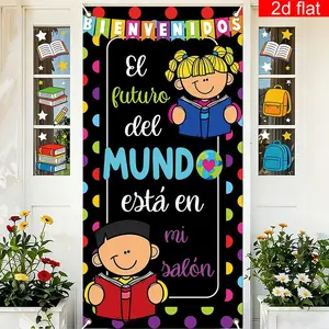 1PC,2D Flat Door Banner Spanish Back to School Classroom Door Banner, Cartoon Student Reading Pattern Door Curtain, School Class Decoration Banner, Festival Party Welcome Door Decoration