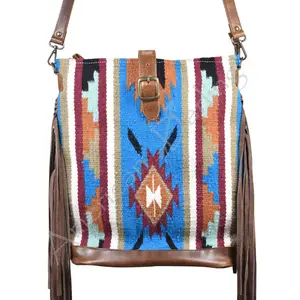 American Darling Large Cross body Bag, Hand Woven Saddle Blanket with Fringes, Vegetable-Tanned Full Grain Leather Purse