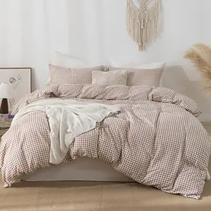 Tan Gingham Duvet Cover Bedding Set Prewashed Soft Comfy Breathable 3 Piece Brown Checkered Grid Vintage Comforter Cover Set Cute (Queen 90"x90", No Comforter)