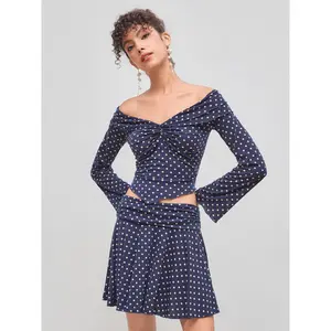 Cider [size 2-10] Off-shoulder Polka Dot Asymmetrical Top & Mid Rise Ruched Mini Skirt Set