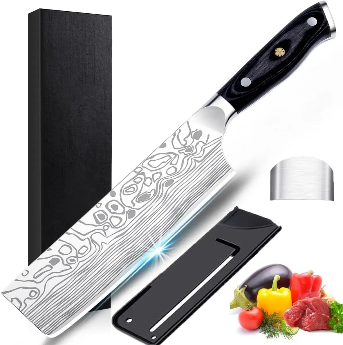 MOSFiATA 7Nakiri,Kitchen Knife with Finger Guard,High Carbon Stainless Steel Vegetable Knife, Multipurpose Meat Vegetable Kitchen Knife Gift Dicing