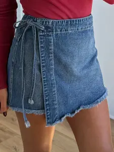 Wrapped Tied Waist Denim Skort,  Made from a Cotton-Blend Denim, So Comfortable To Wear.