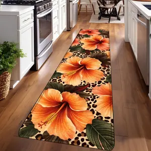 1PC， Orange Flowers on Leopard Print Patterned strip rugs, home décor, bathroom mats, entryway mats, bathroom non-slip mats, indoor entrance rugs, bedroom bedside mats, kitchen mats, hallway rugs, flannel sponge rugs, hallway runner rugs