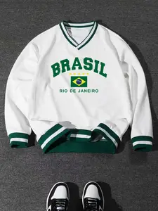 Men's Casual Fleece Lined American Sports Baseball Jacket, Brazil Logo Letter Print V Neck Pullover, Comfortable Long Sleeve Top for Fall & Winter