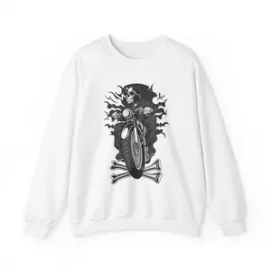 Skeleton Biker Sweatshirt, Halloween Crewneck Jumper, Gothic Biker Pullover, Spooky Skeleton Sweater, Dark Rider Sweatshirt, Halloween