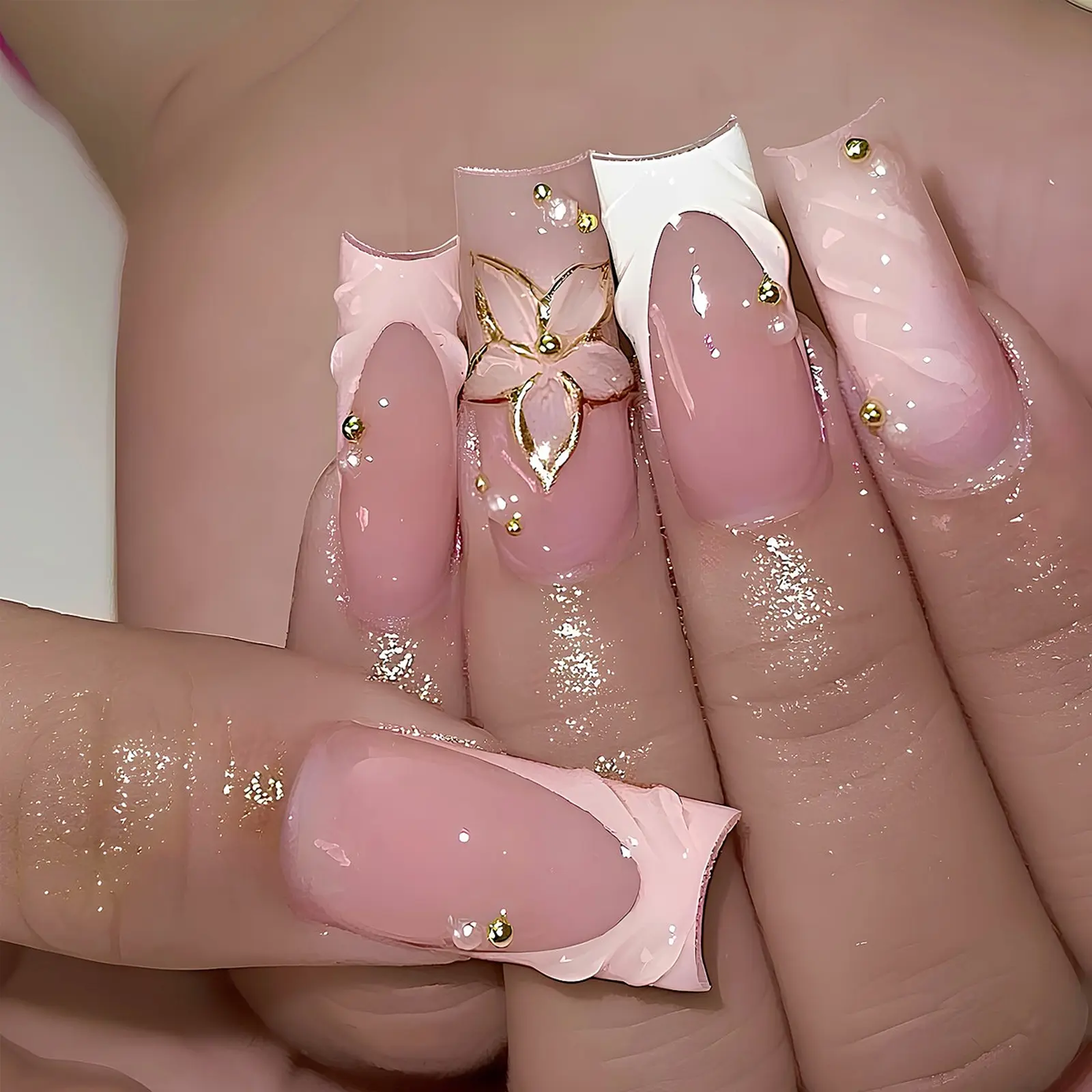 24pcs Long Square Press-On Nails, Fake Nails, Flower Design, Gel Stripes & Pearl Decor, French Gradient, French Nail Art, Includes Jelly Glue & File, French Tips Nails