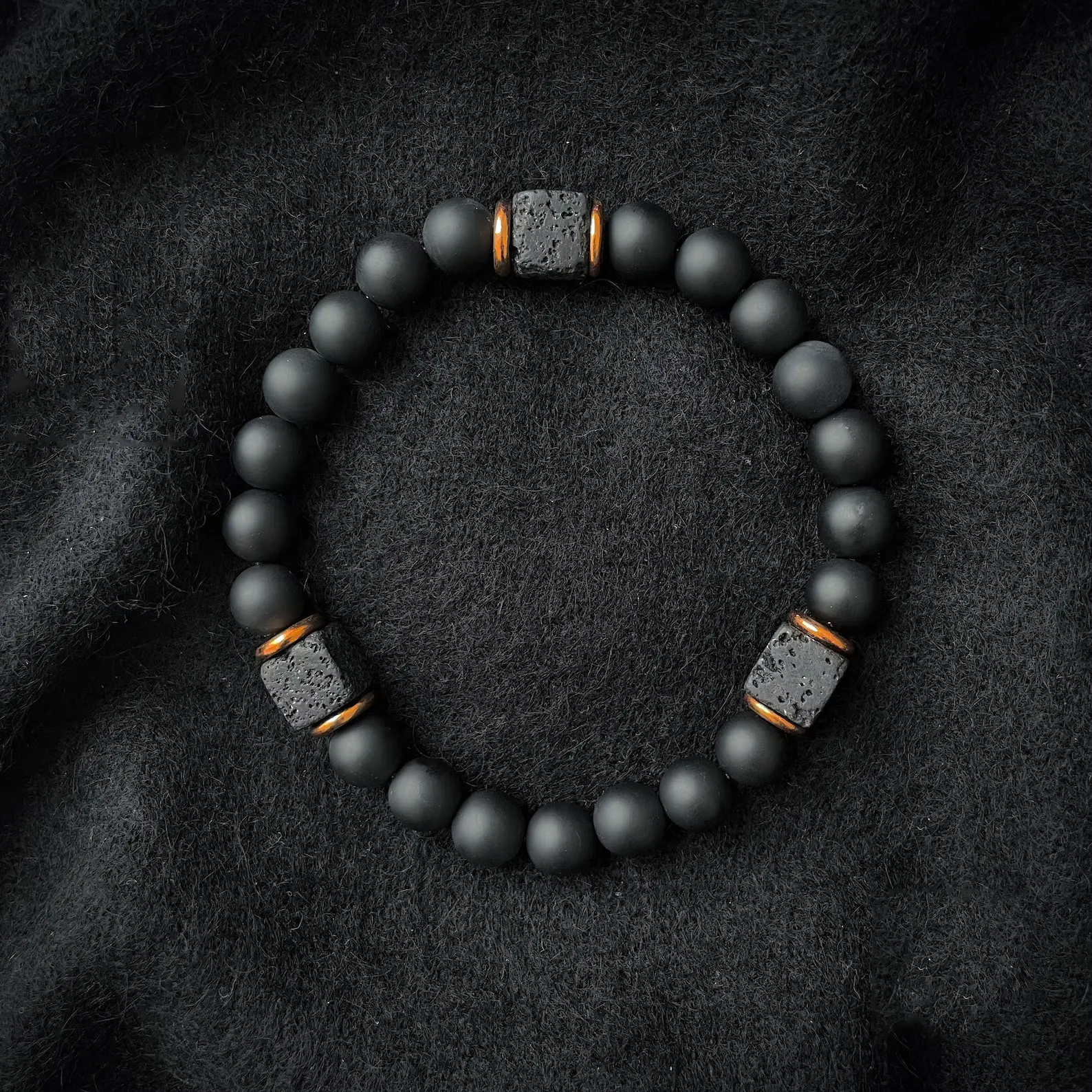 Matte Black Onyx With lava Rocks Beaded Handmade Bracelet Grounding Protection Strength Crystal Stretch Men Bracelet Gift