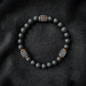 8mm Matte Black Onyx With lava Rocks Beaded Handmade Bracelet Grounding Protection Crystal Stretch Men Bracelet Gift