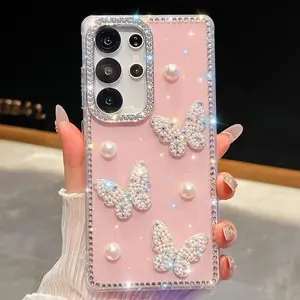 Korea Glitter 3D Pearl Butterfly Diamond Protective Phone Case Casing For Samsung Galaxy A17 A07 S24 FE S25 Plus S23 Ultra A16 A26 A36 A56 A15 A35 A55 5G Protection