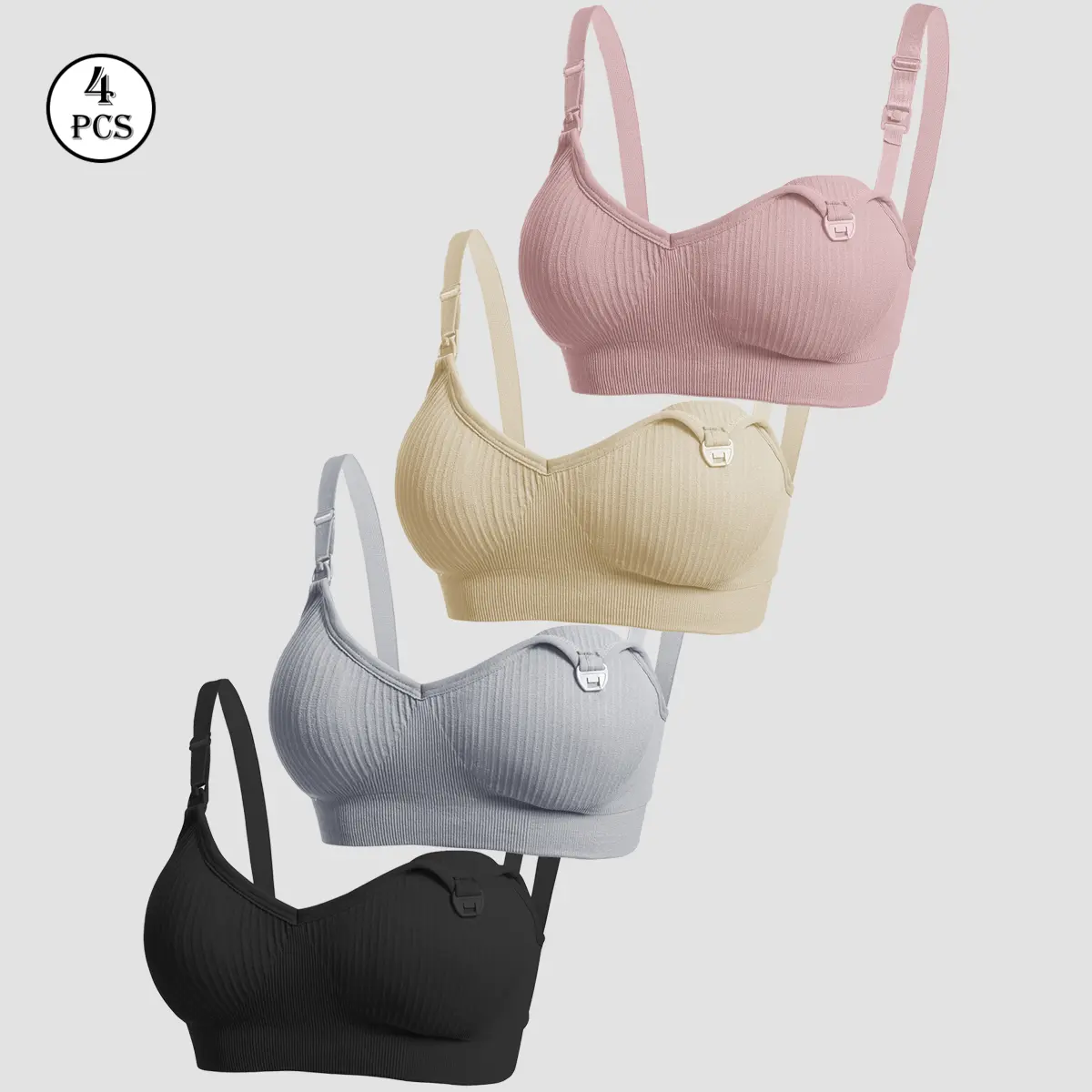 Women's 4-Pack Maternity Breastfeeding Bra Set - Ribbed Polyamide Spandex Fabric, Soft Seamless Wireless, 1-Handed Clip for Sleep & Daily Wear (Pregnancy to Postpartum Lactation), Ribbed Fabric, One-Handed Clip