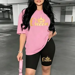 Polyester fiber Trendy  2-Piece Queen Crown Pattern T-Shirt + Cycling Shorts Set, A Daily Casual Home Workout Set.A Summer-Style Set Consisting Of A T-Shirt And Shorts. Made Of Soft