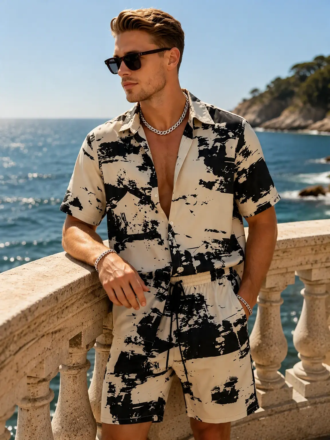 Men's Abstract Ink Splash Print 2 Piece Outfit Lapel Short Sleeve Button Down Shirt & Drawstring Casual Shorts Summer Beach Matching Tracksuit