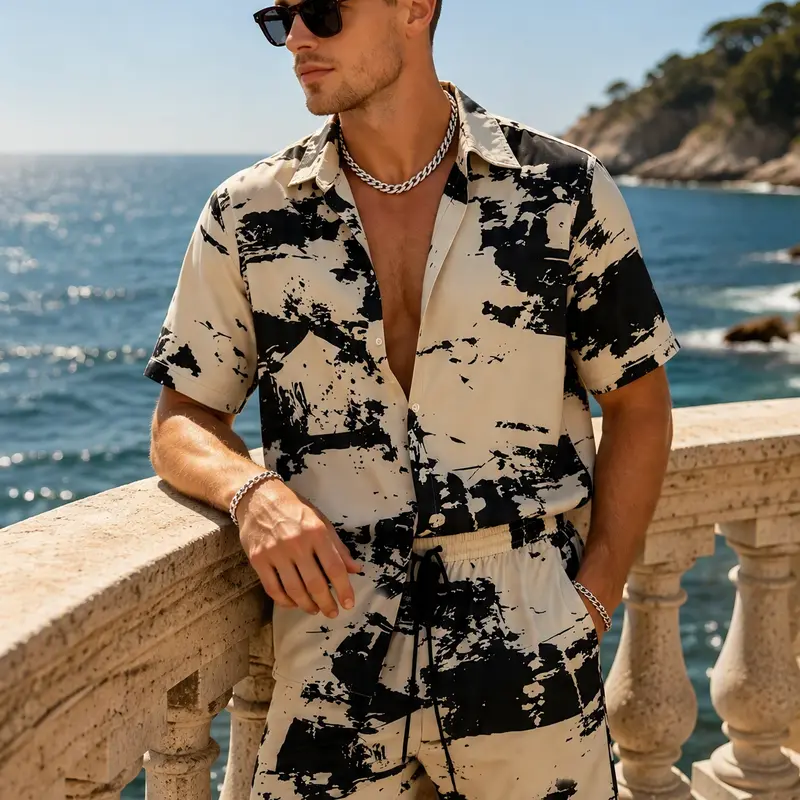 Men's Abstract Ink Splash Print 2 Piece Outfit Lapel Short Sleeve Button Down Shirt & Drawstring Casual Shorts Summer Beach Matching Tracksuit