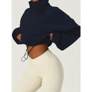 Women’s Autumn–Winter fashion loose plush short jacket with high neck, zipper, and drawstring; minimalist fitted outerwear coat