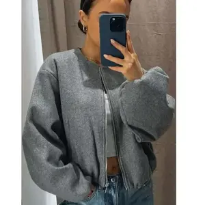 Women’s Grey Bomber Jacket – Autumn/Winter Outerwear, Short Varsity Aviator Cropped Coat, Casual and Versatile, Long Sleeves, Fitted, Crew Neck