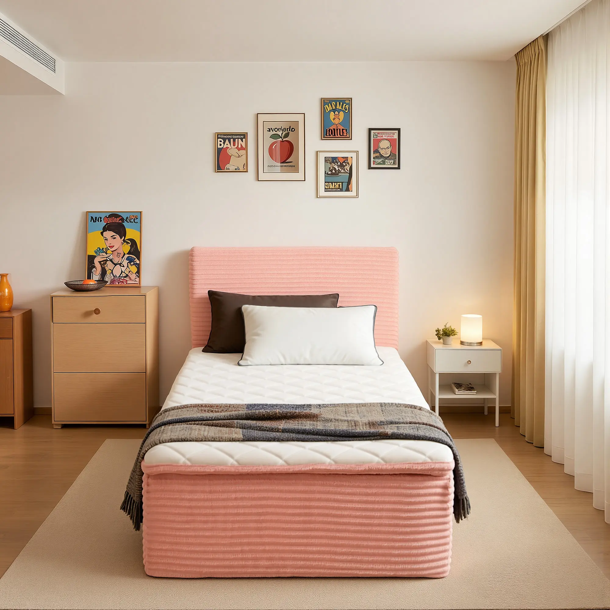 ALLWEX 39" Twin Size Cloud Bed Frame with Mattress Included, 39" x 75" Upholstered Platform Bed, 16" High No Box Spring Needed Bed, 5.9" Thick Headboard, 6-Layer Hybrid Mattress with Pocket Springs & Foam Support, Soft Padded Edge