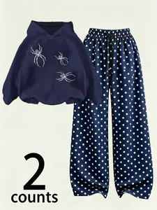Women's Dark Style Casual Pajama Set, Unisex Hooded Spider Sweatshirt + Polka Dot Wide Leg Pants, Soft Fabric, Fall & Winter Wear