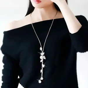 Luxurious Y-Shaped Leaf Charm Necklace - Adjustable Dangle Pendant with Rhinestones, Faux Pearls, And Elegant Tassel Sweater Chain - Stylish Women'S Jewelry for Everyday Wear