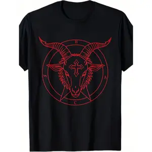 Men'S & Women'S Gothic Baphomet Goat Head Print T-Shirt - 180gsm Heavyweight Black Occult Symbol Tee with Red Pentagram & Inverted V Design, Soft Round Neck Short Sleeve Casual Streetwear for All-Season Wear, Gothic Clothing for Men & Women