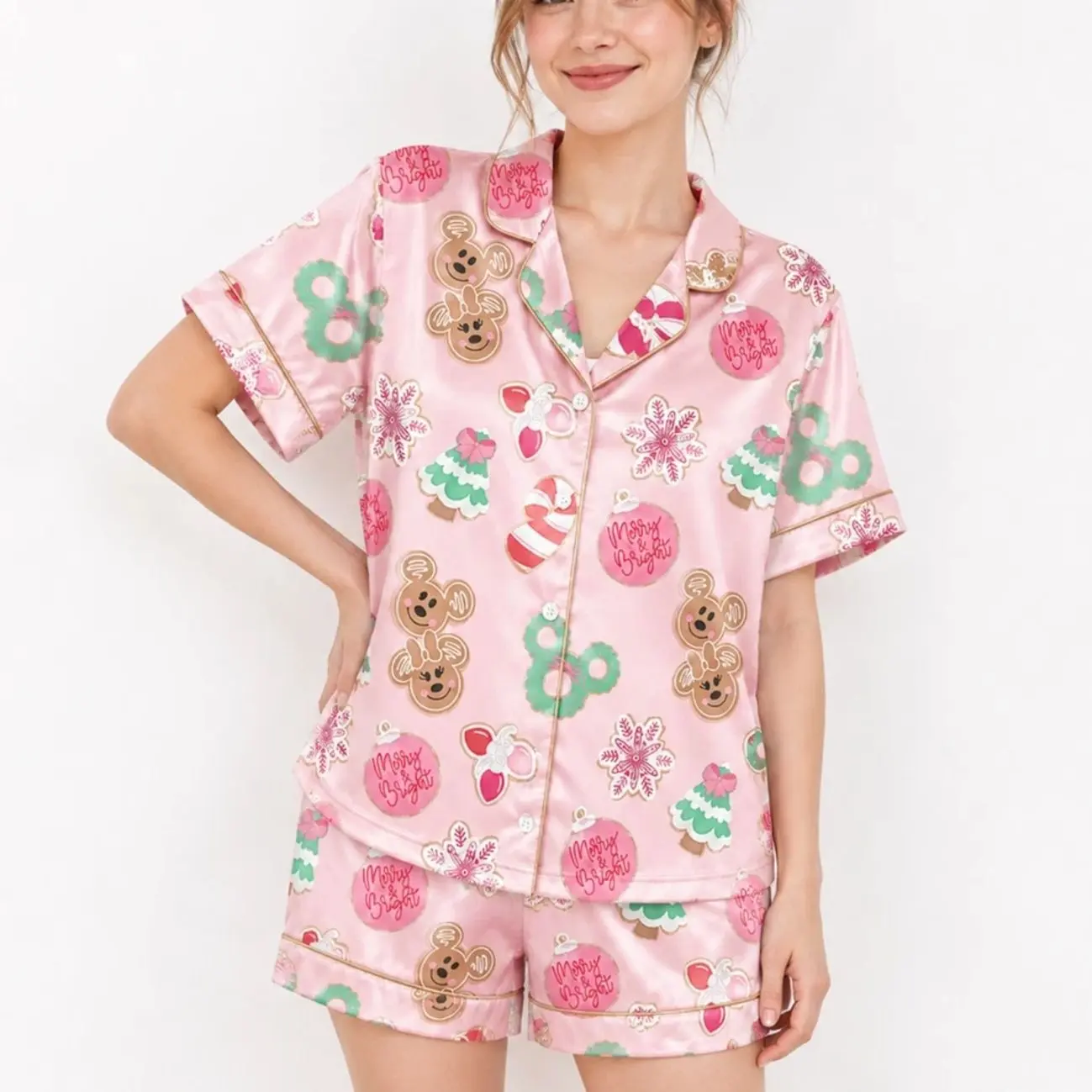 Pink Christmas Satin Pajama Short Set Women Gingerbread Holiday Sleepwear