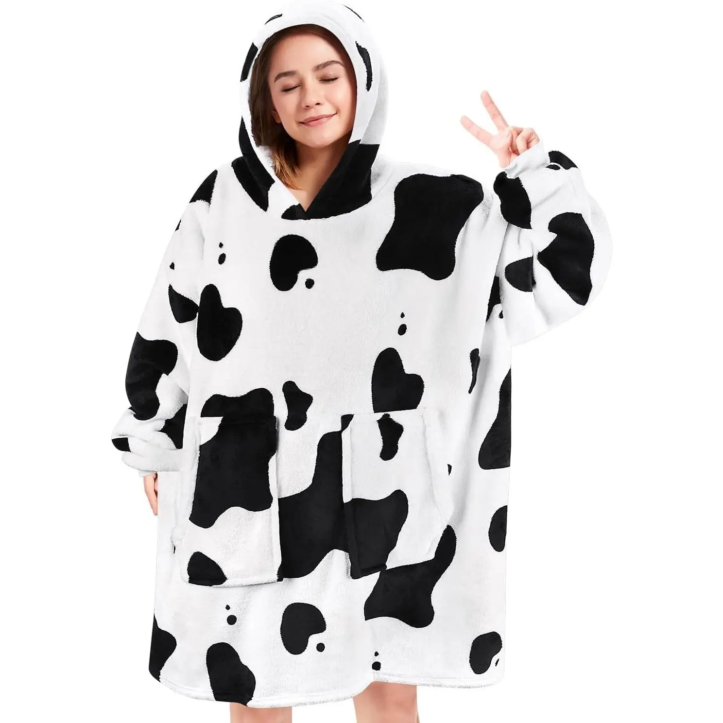 Wearable Blanket Hoodie Gifts for Adults Mom Women Men Oversized Fluffy Cozy Hoodie Sweatshirt Blanket with Pocket (Cow)