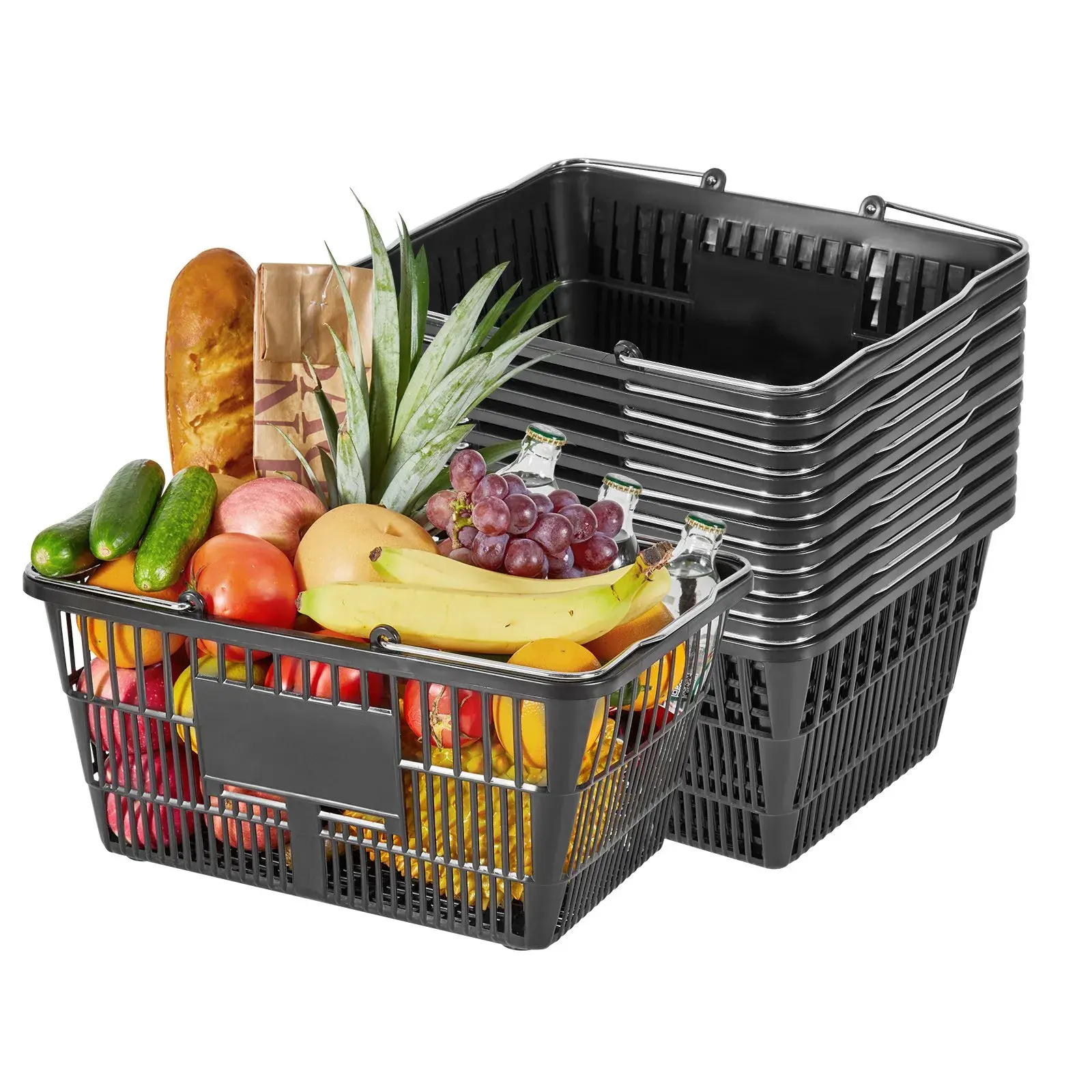 12-Piece Stackable PE Plastic Shopping Baskets, 21L Dense Mesh with Handles, 20 lbs Capacity, Portable for Grocery Stores, Home Use, Black