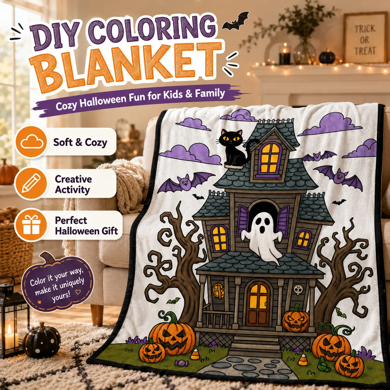 Halloween DIY Coloring Blanket, Creative Color Your Own Blanket for Kids & Family, Soft Cozy Fleece Throw with Ghost Pumpkin Haunted House Pattern, Fun Halloween Party Activity Gift Home Decor