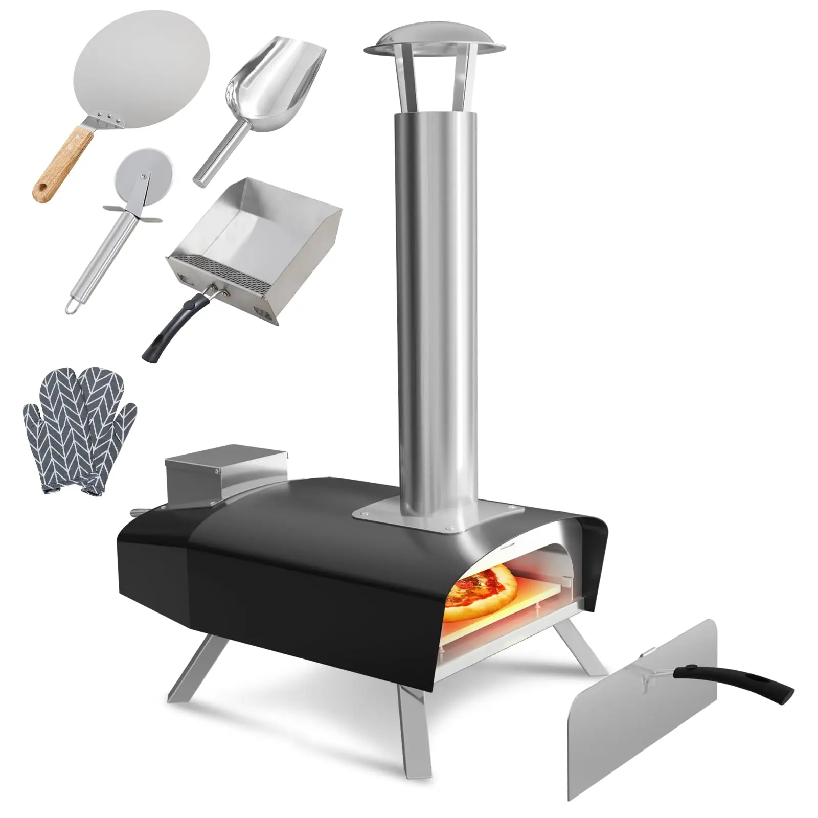 12 in Pizza Oven, Outdoors Stainless Steel Pizza Ovens Wood Pellet with Pizza Stone, Portable Mobile Wood Fired Pizza Stove Ideal for Camping, Party, Backyard (Black)