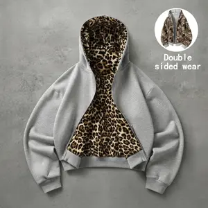 Unisex cotton zip-up hooded jacket with leopard print lining, reversible for both front and back wear; loose long-sleeve sweatshirt jacket for autumn/winter, retro street casual top.
