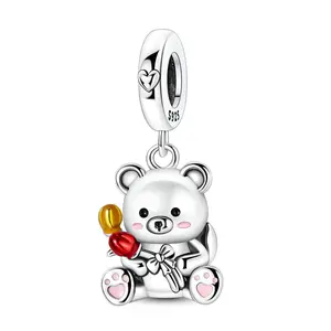 MULA Teddy Bear Pendant - 925 Silver Enamel Cute Bear Holding Flowers Pendant, Can Be Matched with Pandora Bracelet, Great Gift for Women, Girls and Children