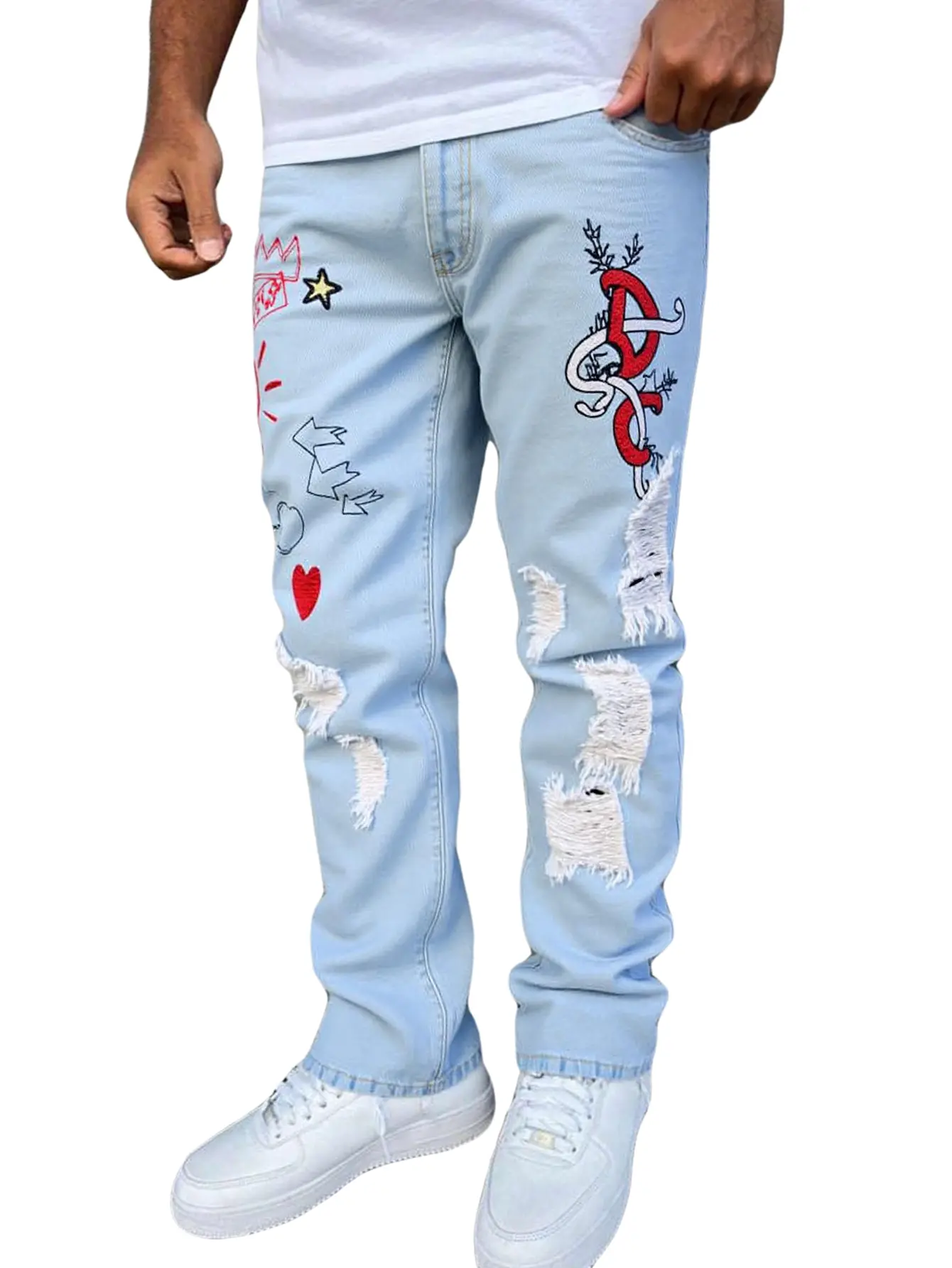 Men's Stylish Trending Embroidered Fitted Distressed Ripped Denim Jeans - Blue, Spring-Summer Streetwear Clothes, Machine Washable, Vintage Casual Pockets Trousers, Ideal Valentine's Day Gift for Him