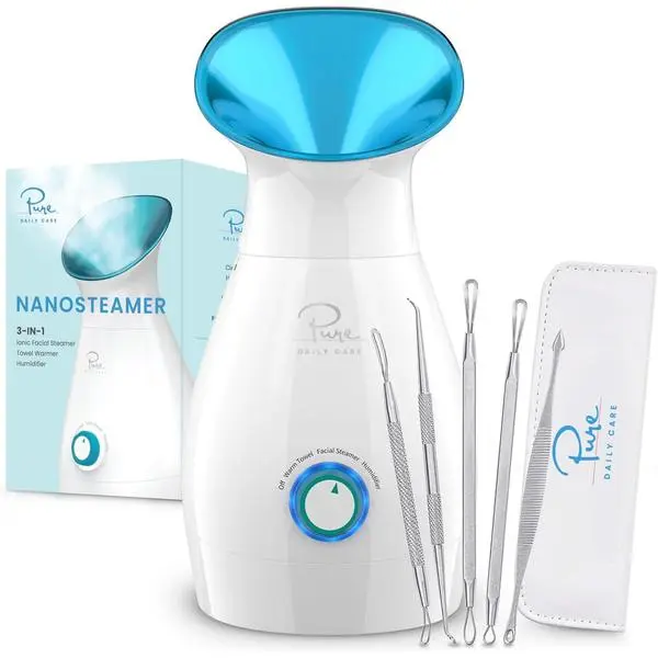 NanoSteamer 3-in-1 Large Nano Ionic Facial Steamer with Precise Temp Control - Humidifier, Pore-Unclogging, Blackhead-Removing, Spa-Quality - Bonus 5-Piece Stainless Steel Skin Kit (Teal)