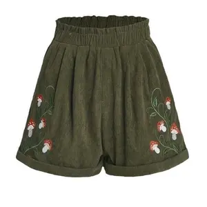 2025 Men’s Tropical Corduroy Short Shorts with Mushroom Embroidery and Elastic Waist