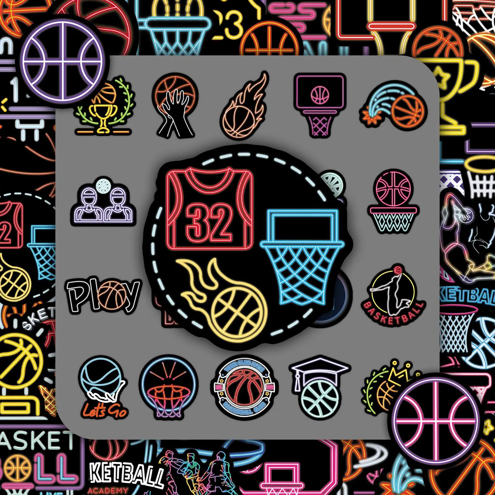 Basketball Themed Sticker, 100pcs/set Neon Basketball Pattern Decorative Sticker, DIY Decals for Water Bottle, Laptop, Phone Case, Scrapbooking, Journal Making