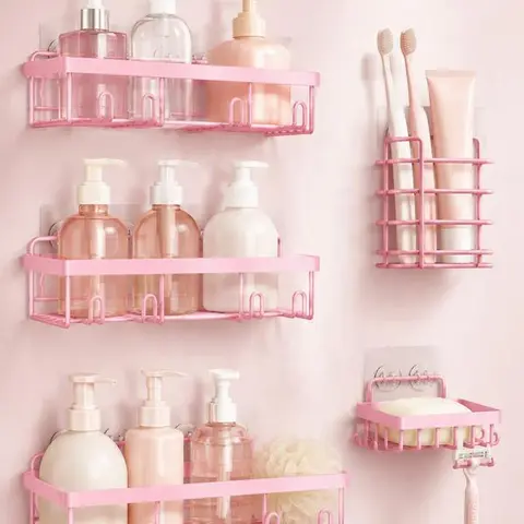 【Back to School】5-Piece Blush Pink Shower Caddy Set – Upgraded No Drill Self-Adhesive Rustproof Waterproof Stainless Steel Wall Mount Bathroom Organizer | Floating Shelves Shampoo Soap Toothbrush Holder | Aesthetic Dorm Room Renter,sohochic,halloween