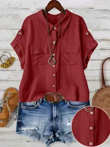Women's Summer Casual Lapel Mock Button Pocket Short Sleeve Cardigan, Plus Size Plain Color Top, Comfortable and Stylish
