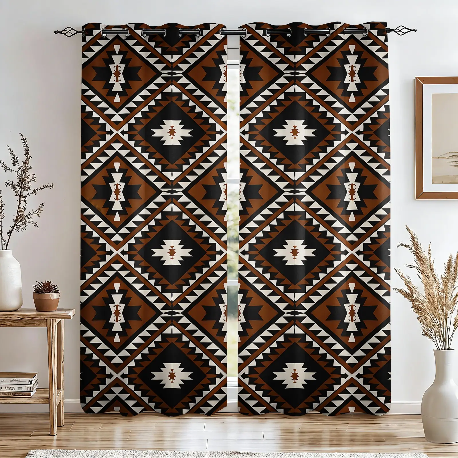 2 Panels Vintage Southwestern Aztec Geometric Printed Curtains, 80%-90% Light Blocking Darkening Curtains, Tribal Western Rustic Decoration Curtains for Men Women Bedroom Farmhouse Lodge Country Western Style Window Home Room Decor