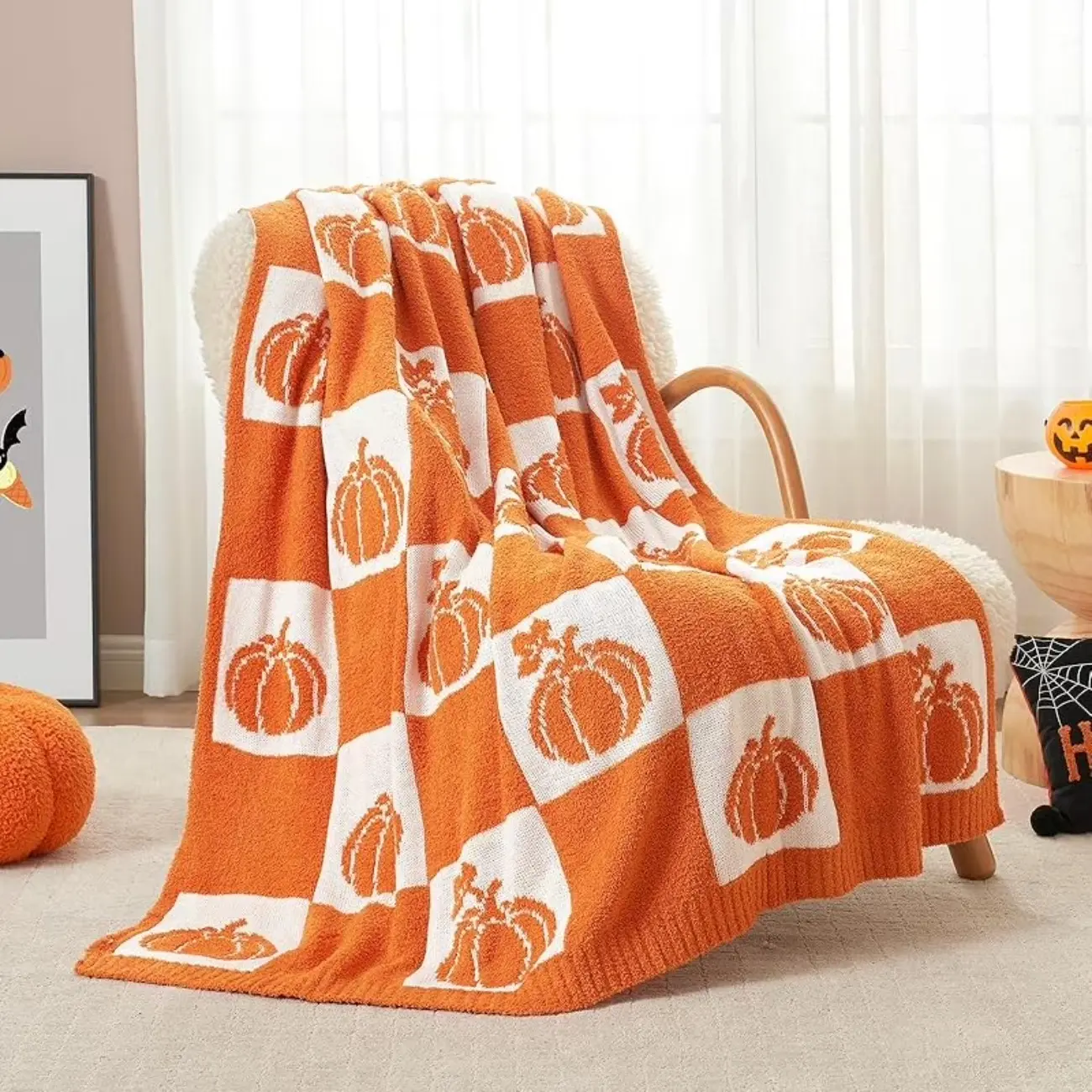 Snuggle Sac Fall Checkered Blanket Orange Pumpkin Throw Blanket for Couch, Bed, Sofa, Ribbed Jacquard Ultra Soft Decorative Blanket, Pumpkin Throw Blankets for Halloween Harvest Gifts  Applies to Super soft  decorative sofa/sofa/bedroom