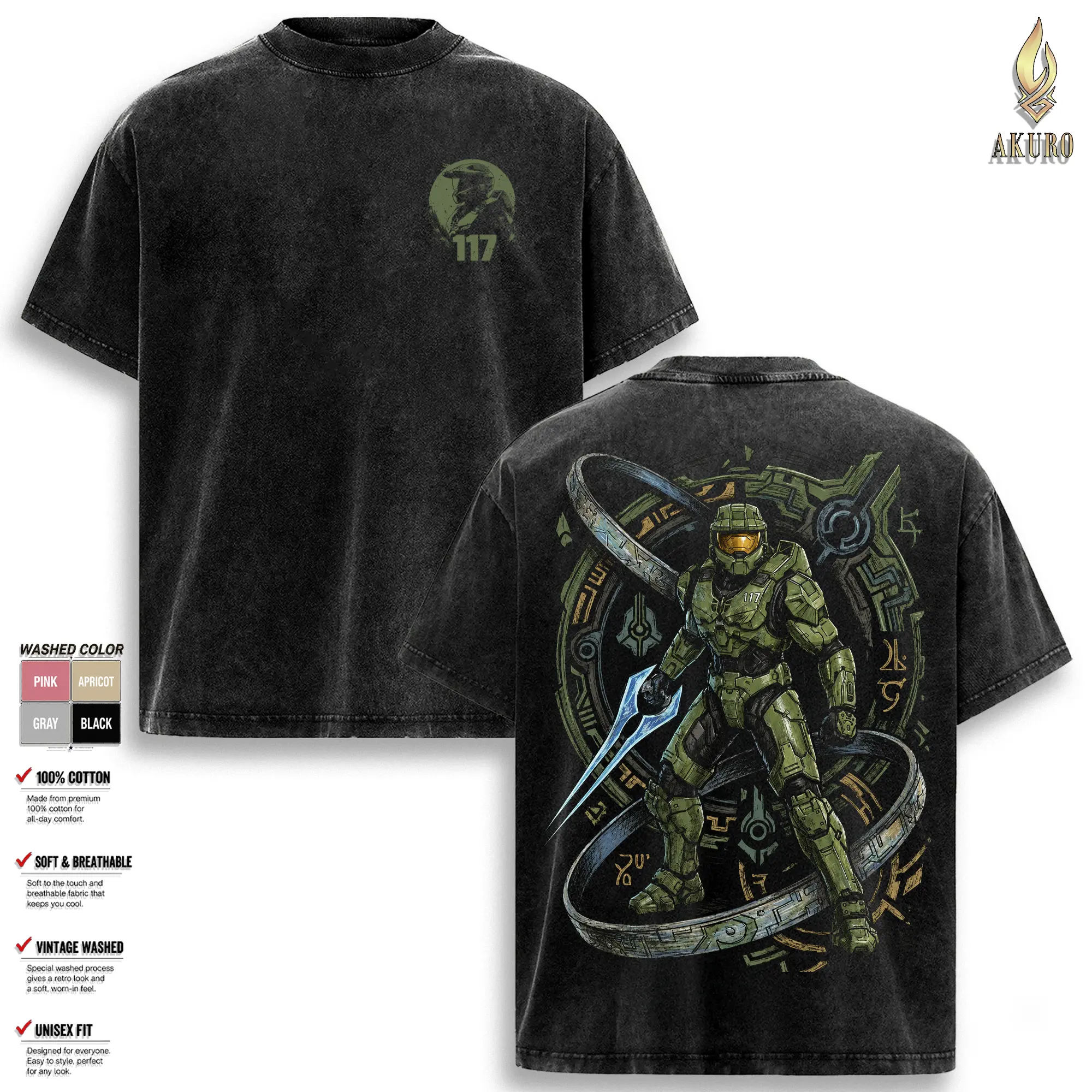 Halo Graphic T-Shirt, Master Chief ODST Noble Team Vintage Washed Oversized Tee, Spartan Gaming Streetwear Soft Cotton Unisex Gift
