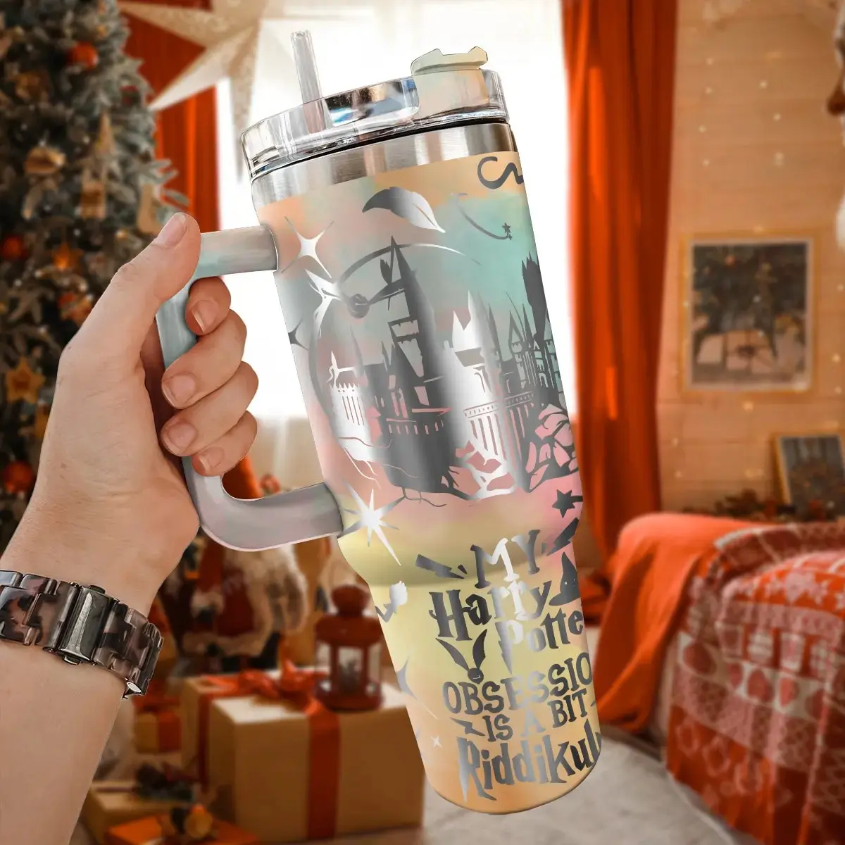 Magical Wizard Fantasy 40oz Tumbler with Handle and Straw, Iridescent Castle & Spell Design Travel Mug, Large Insulated Cup, Gift for Fantasy Book Lovers