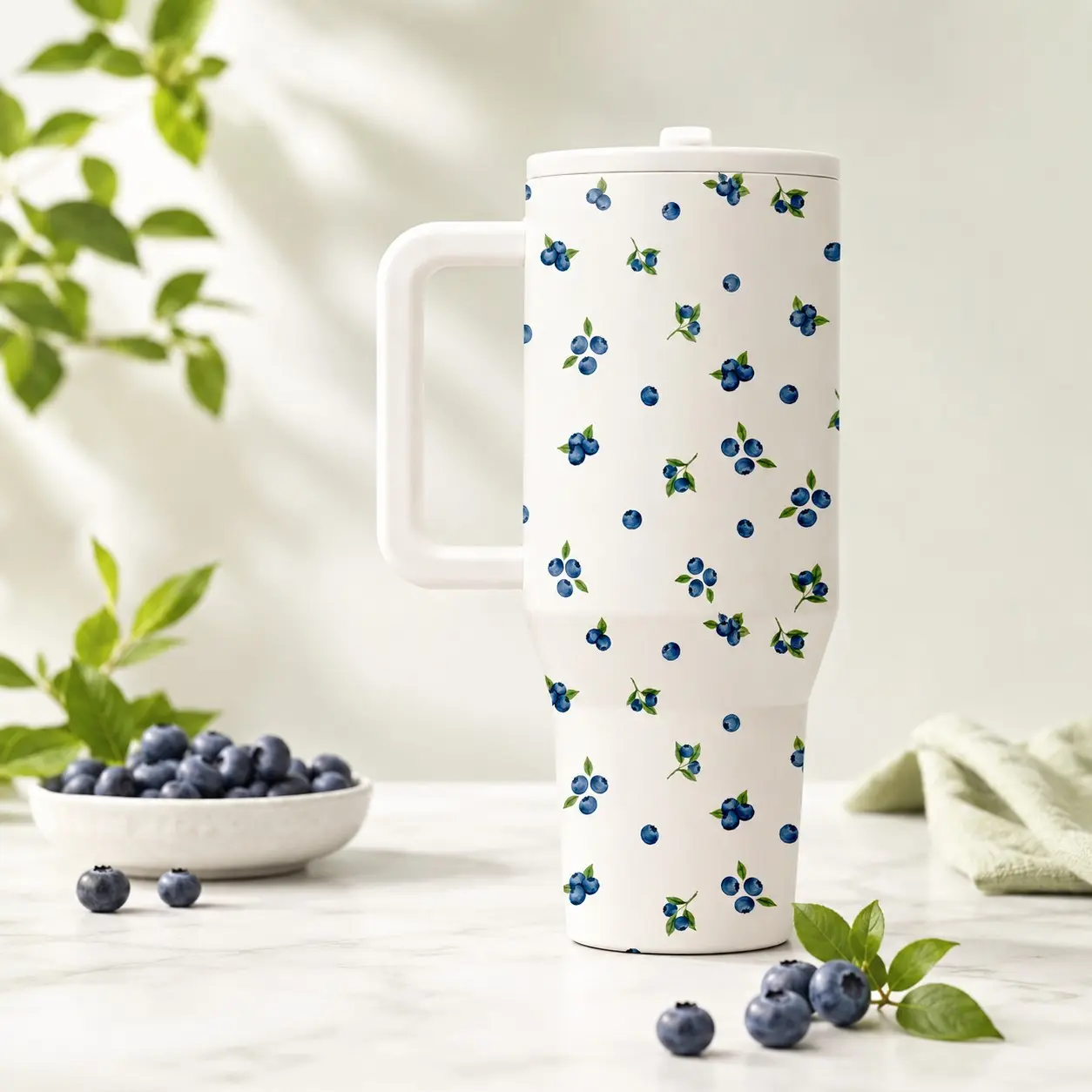 40oz Blueberry Pattern Insulated Cup, Mug, Flasks, Insulated Drinkware, Dual-Layer Vacuum Stainless Steel, Leak-Proof Handle, Keeps Hot 12h Cold 24h, Ideal for Summer Office Travel Home