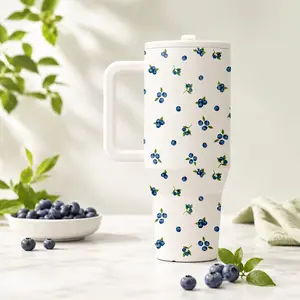 40oz Blueberry Pattern Insulated Cup, Mug, Dual-Layer Vacuum Stainless Steel, Leak-Proof Handle, Keeps Hot 12h Cold 24h, Ideal for Summer Office Travel Home