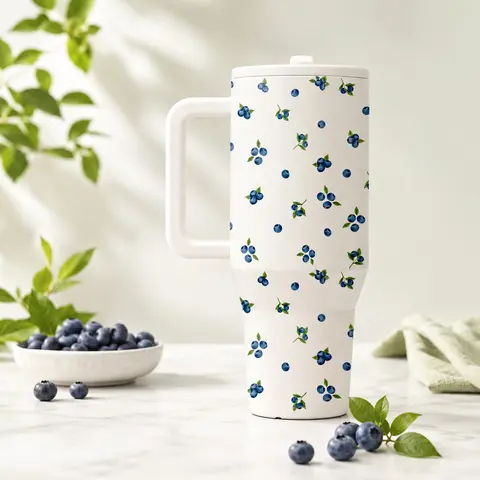 40oz Blueberry Pattern Insulated Cup, Mug, Flasks, Insulated Drinkware, Dual-Layer Vacuum Stainless Steel, Leak-Proof Handle, Keeps Hot 12h Cold 24h, Ideal for Summer Office Travel Home