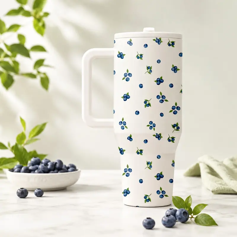 40oz Blueberry Pattern Insulated Cup, Mug, Flasks, Insulated Drinkware, Dual-Layer Vacuum Stainless Steel, Leak-Proof Handle, Keeps Hot 12h Cold 24h, Ideal for Summer Office Travel Home
